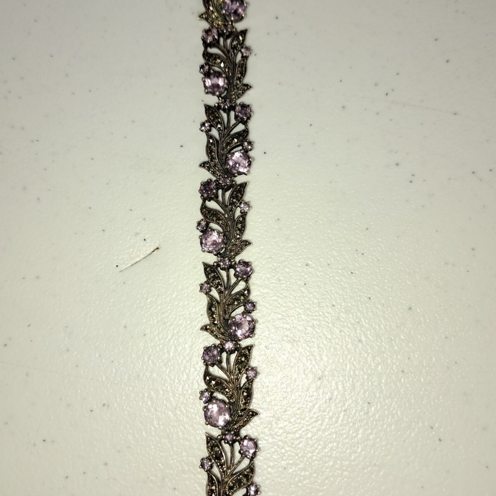 Beautiful Vintage Sterling Silver Amethyst Marcasite Flower Leaf Bracelet